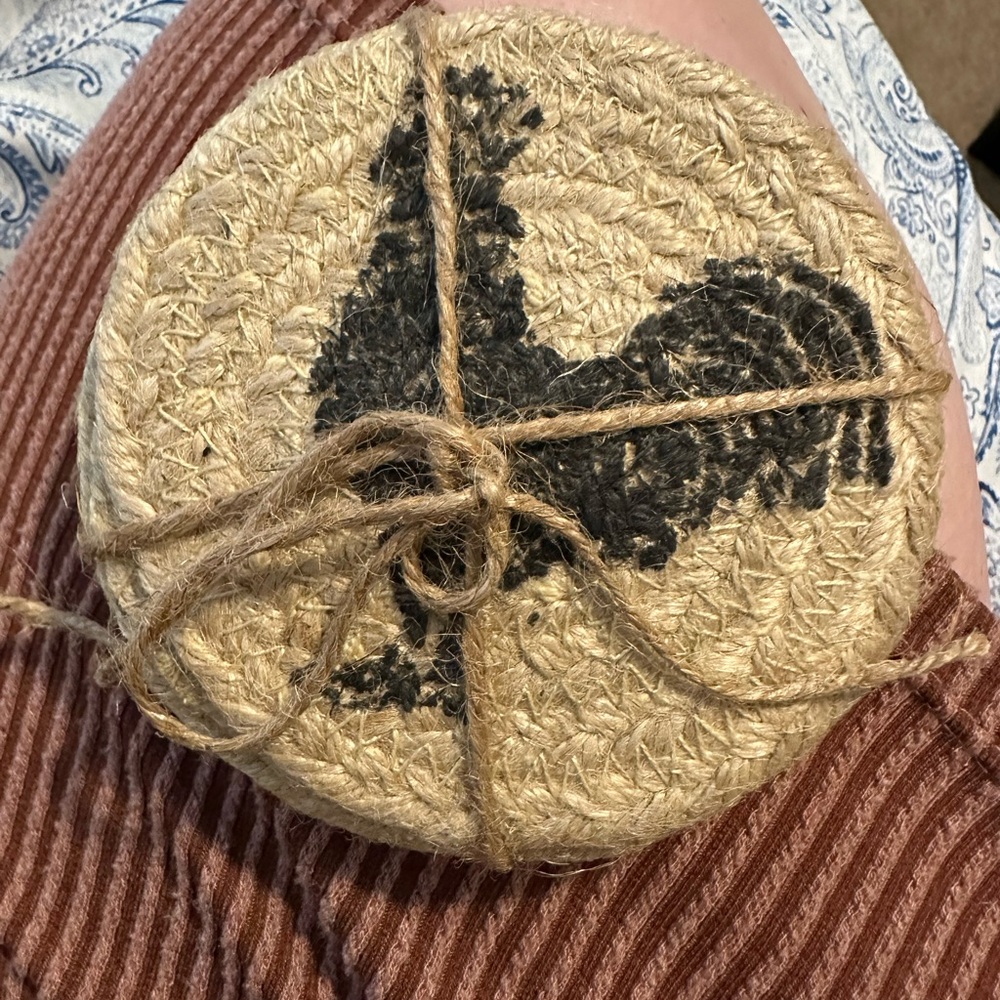 Rustic Jute Coasters with Rooster Farmhouse Design